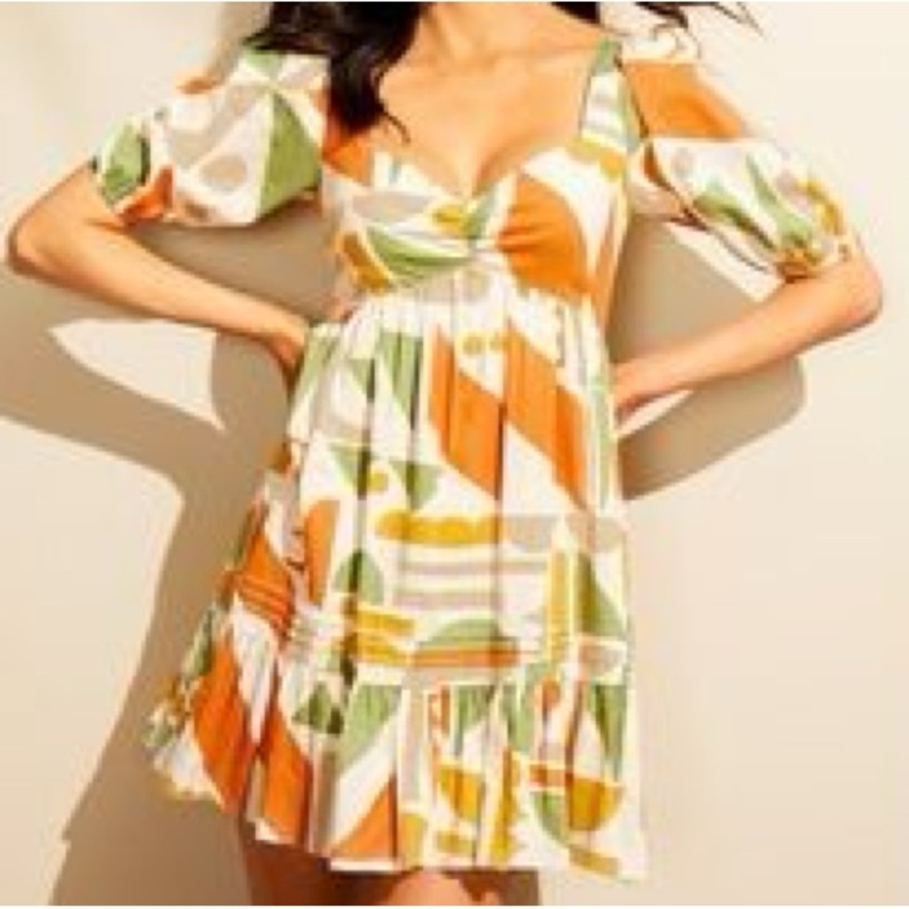 NWT Gianni Bini Tory Triangle Print Sweetheart Linen A-Line Dress Size 10